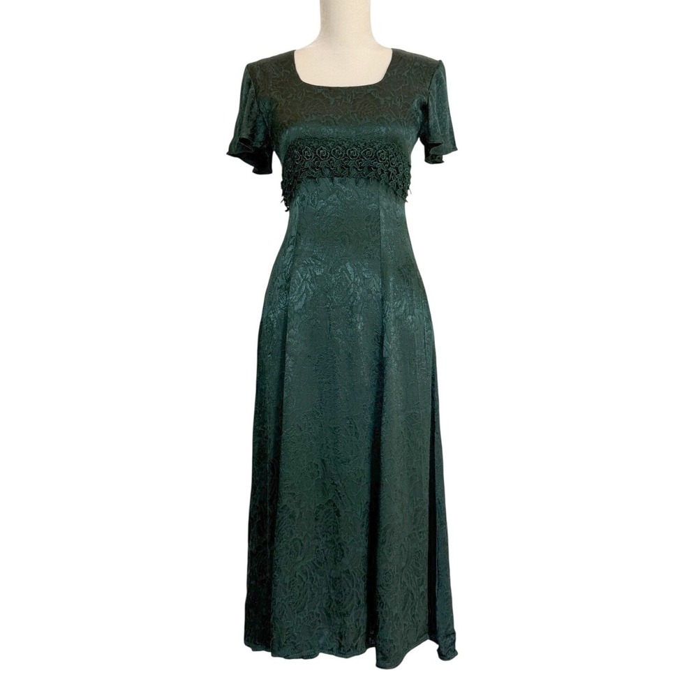 Vintage Womens Size S/M Dark Green Floral Jacquard Corset Back Gothic Maxi Dress